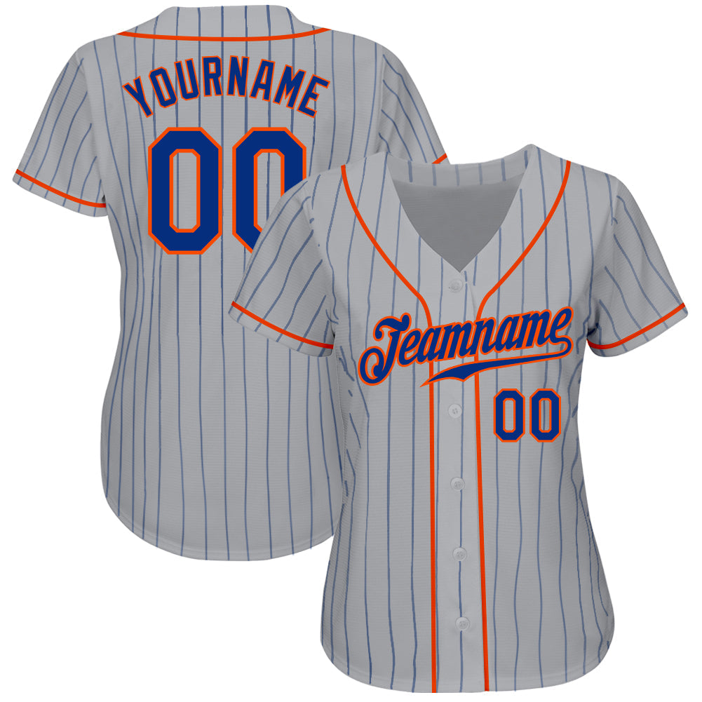 Custom Gray Royal Pinstripe Royal-Orange Authentic Baseball Jersey view 2