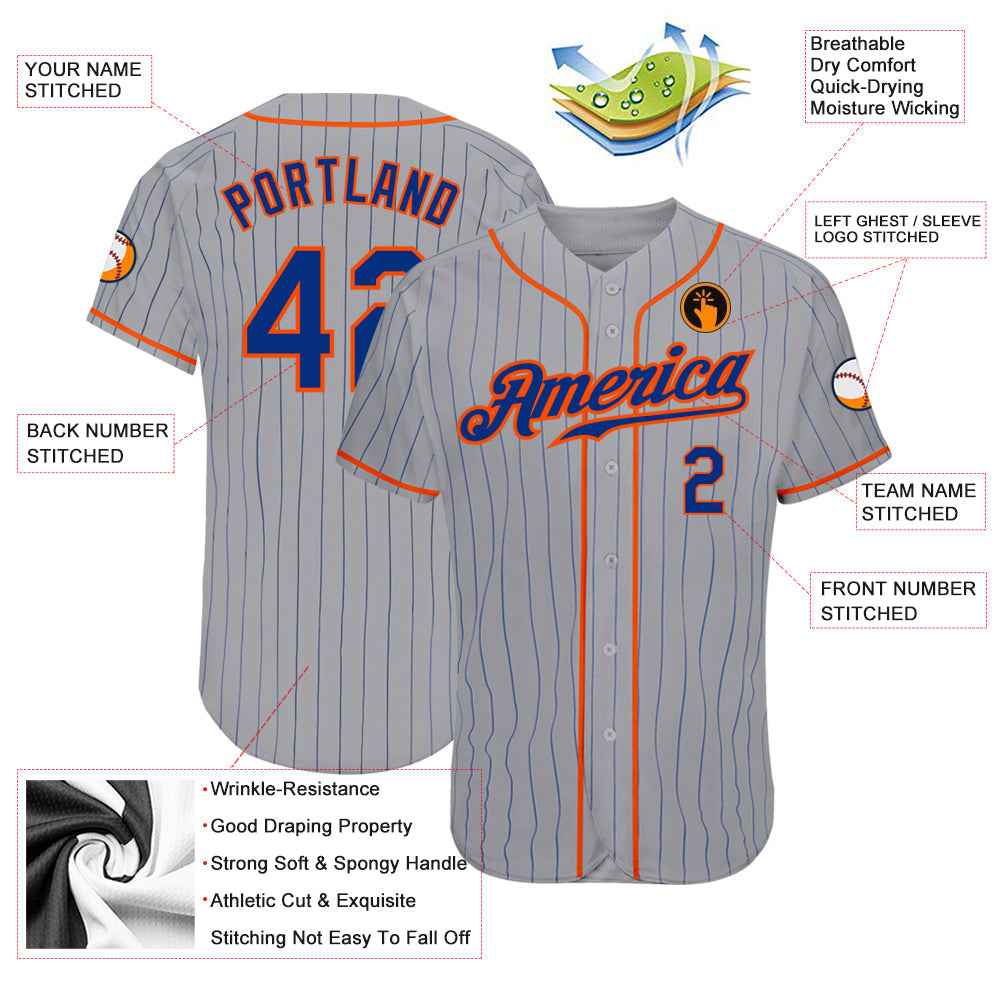Custom Gray Royal Pinstripe Royal-Orange Authentic Baseball Jersey view 3
