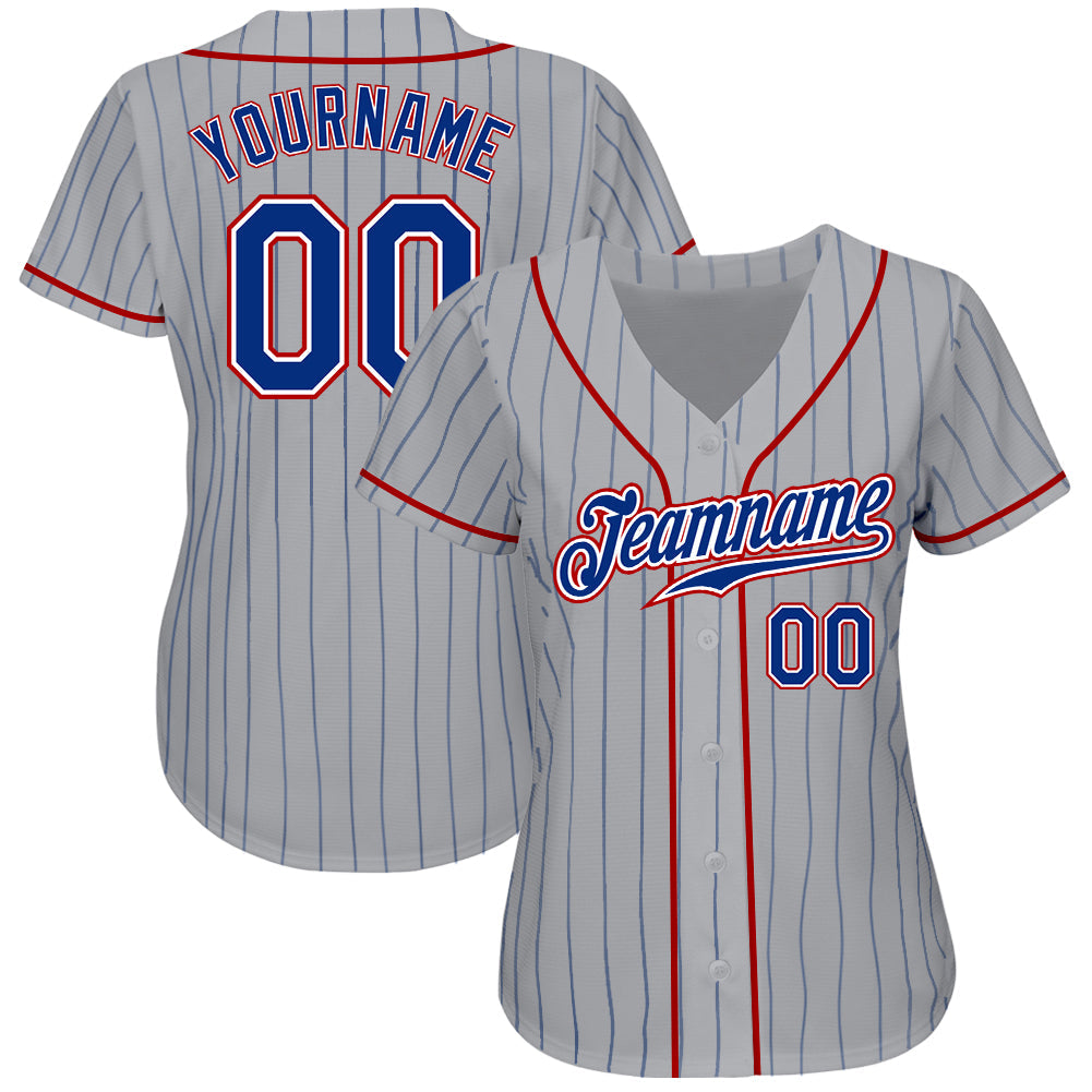 Custom Gray Royal Pinstripe Royal-Red Authentic Baseball Jersey view 2