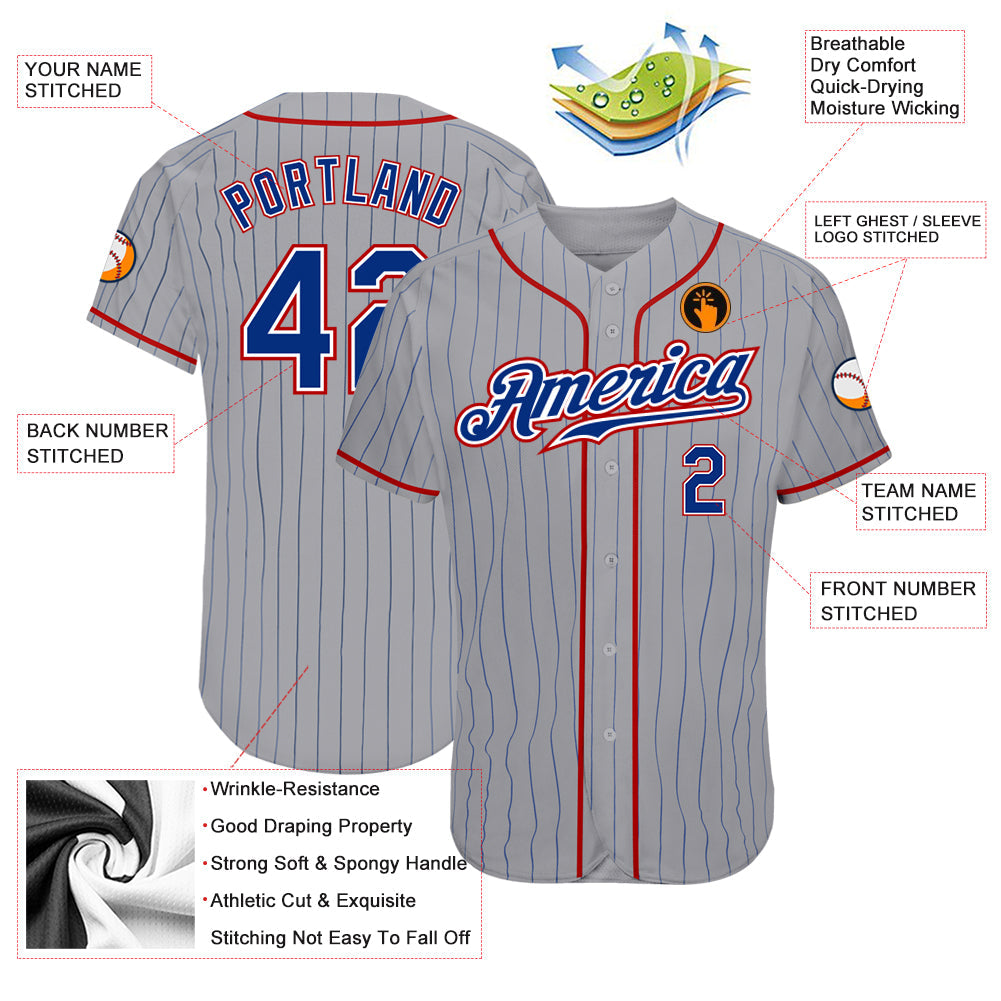 Custom Gray Royal Pinstripe Royal-Red Authentic Baseball Jersey view 3