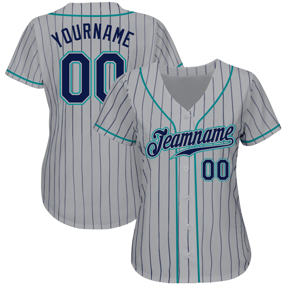 Custom Gray Navy Pinstripe Navy-Teal Authentic Baseball Jersey view 2