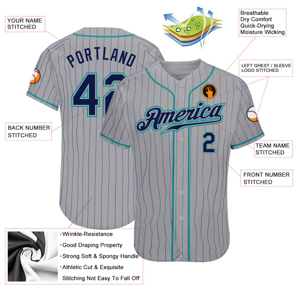 Custom Gray Navy Pinstripe Navy-Teal Authentic Baseball Jersey view 3
