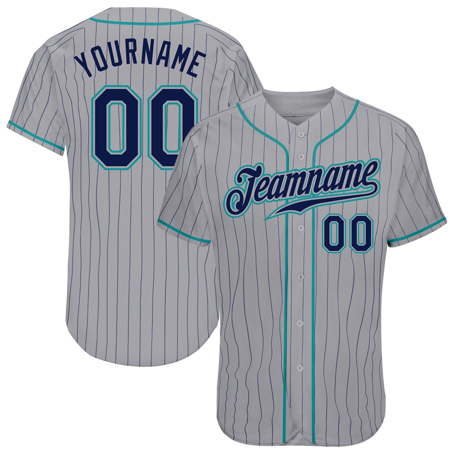 Custom Gray Navy Pinstripe Navy-Teal Authentic Baseball Jersey - Main View