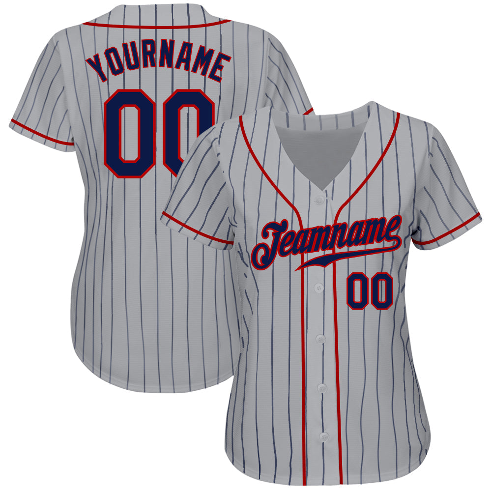 Custom Gray Navy Pinstripe Navy-Red Authentic Baseball Jersey view 2