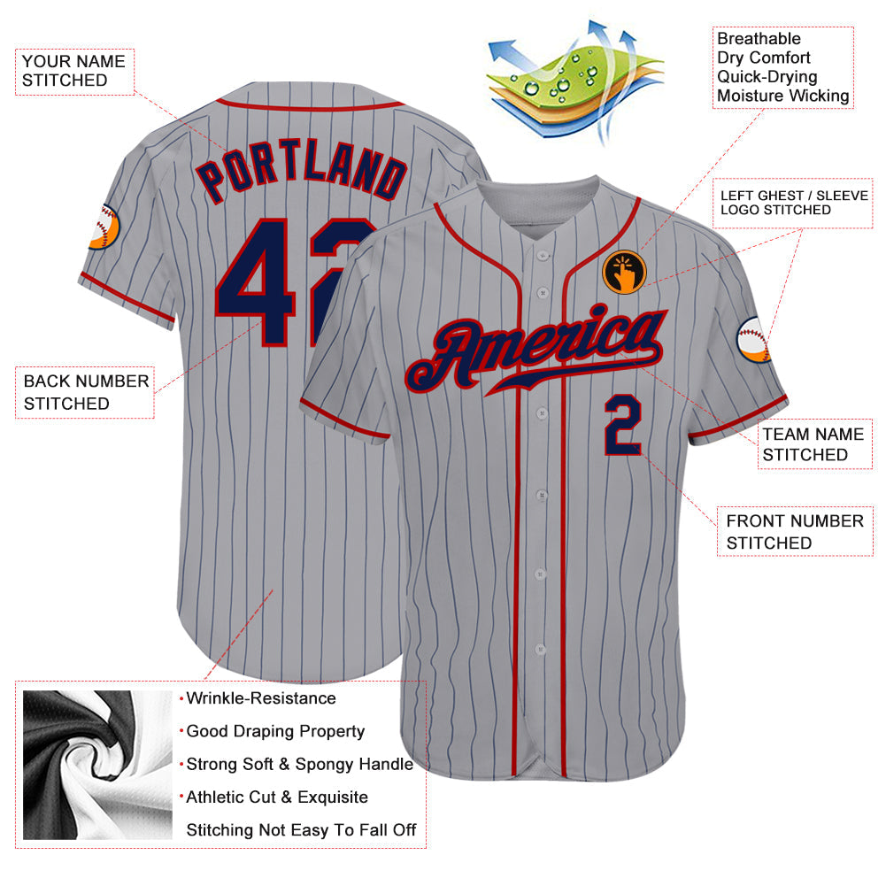 Custom Gray Navy Pinstripe Navy-Red Authentic Baseball Jersey view 3