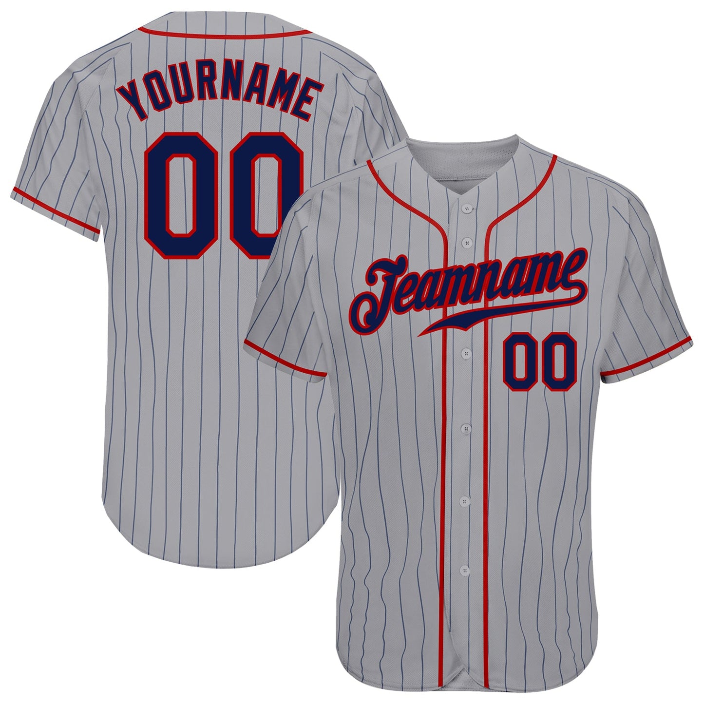 Custom Gray Navy Pinstripe Navy-Red Authentic Baseball Jersey - Main View