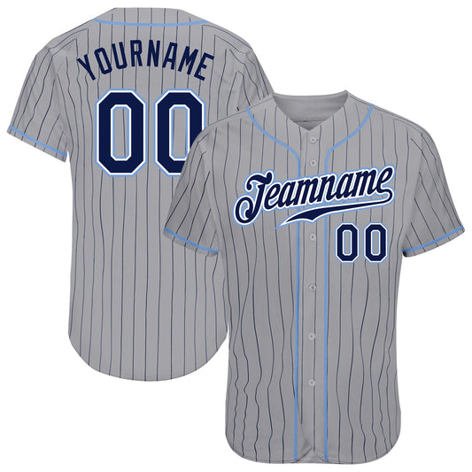 Custom Gray Navy Pinstripe Navy-Light Blue Authentic Baseball Jersey - Main View