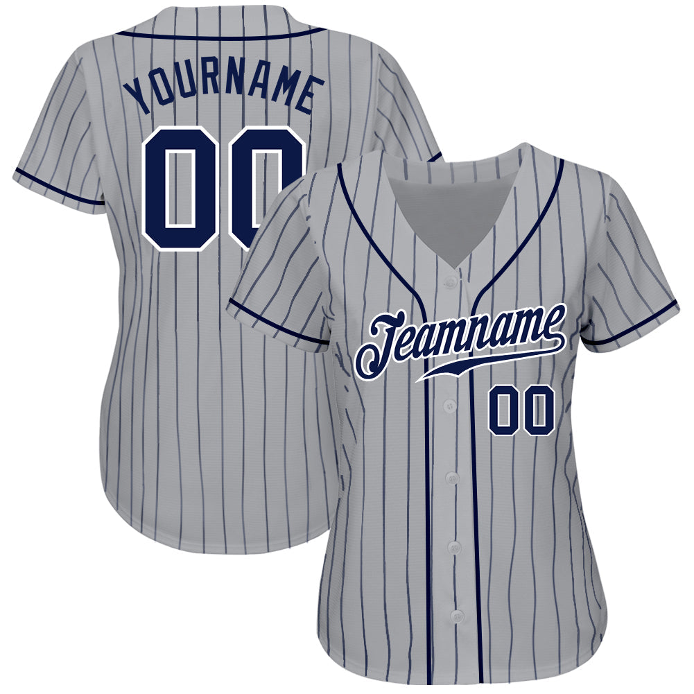 Custom Gray Navy Pinstripe Navy-White Authentic Baseball Jersey view 2