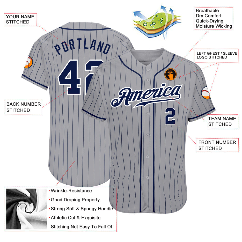 Custom Gray Navy Pinstripe Navy-White Authentic Baseball Jersey view 3