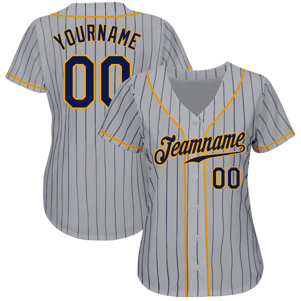 Custom Gray Navy Pinstripe Navy-Gold Authentic Baseball Jersey view 2