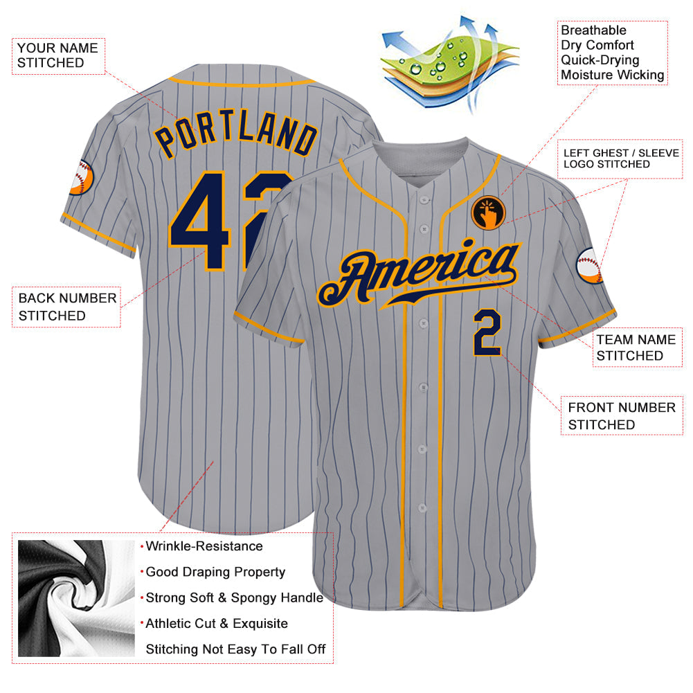 Custom Gray Navy Pinstripe Navy-Gold Authentic Baseball Jersey view 3