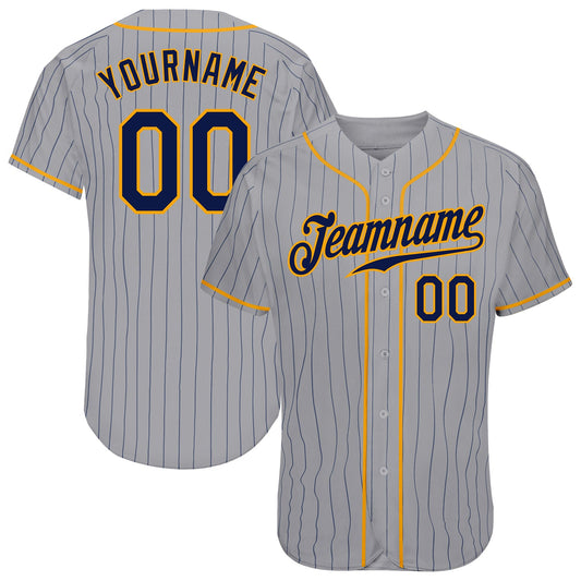 Custom Gray Navy Pinstripe Navy-Gold Authentic Baseball Jersey - Main View