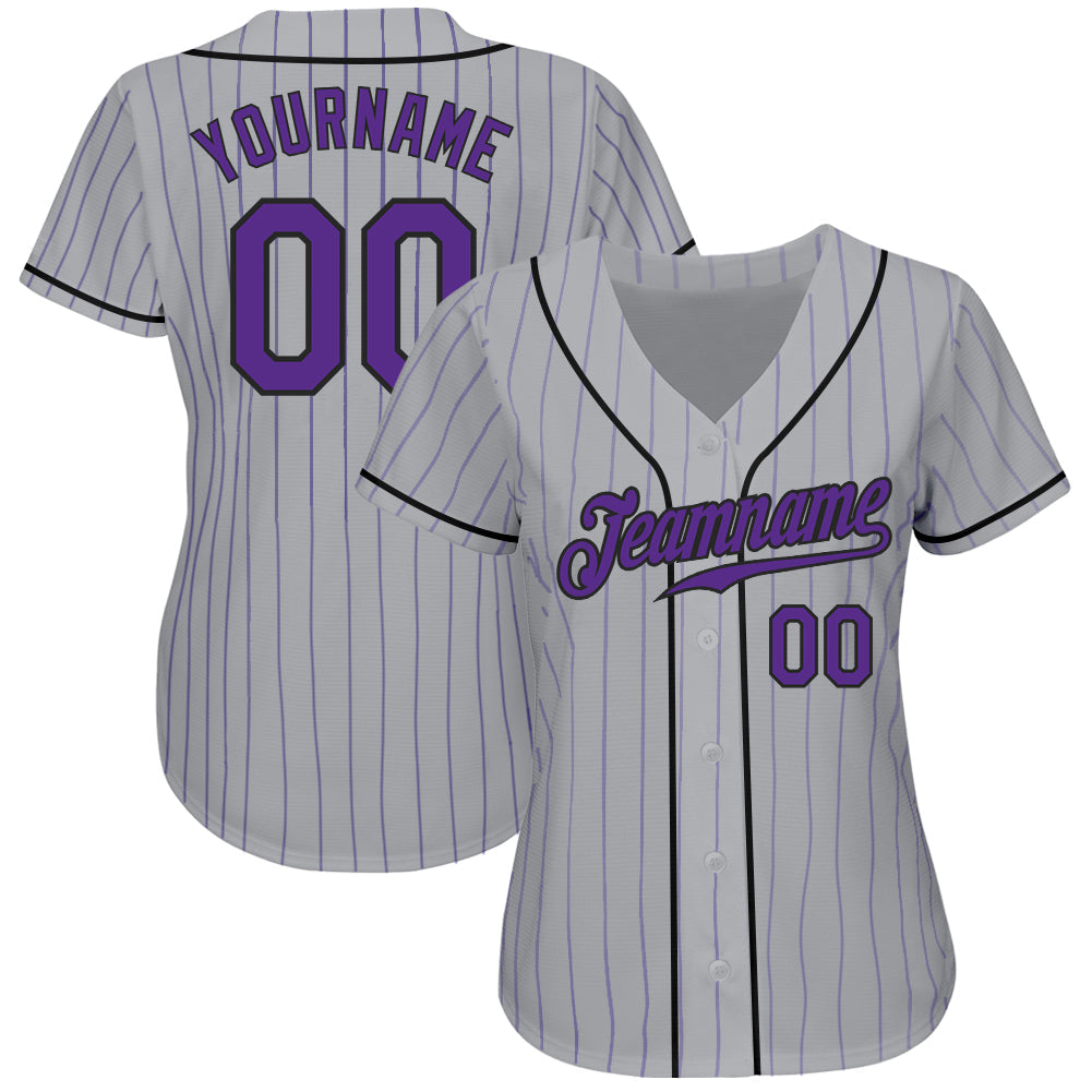 Custom Gray Purple Pinstripe Purple-Black Authentic Baseball Jersey view 2
