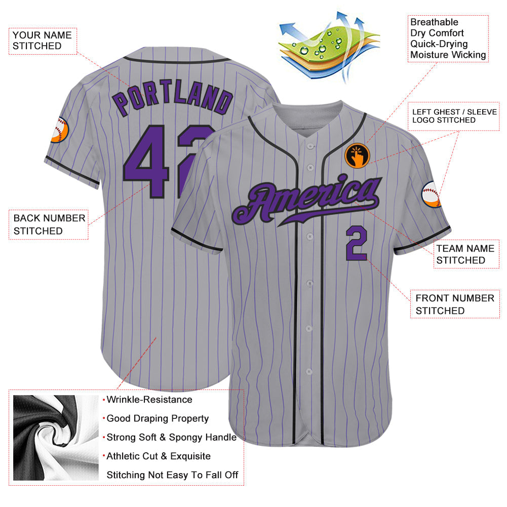 Custom Gray Purple Pinstripe Purple-Black Authentic Baseball Jersey view 3