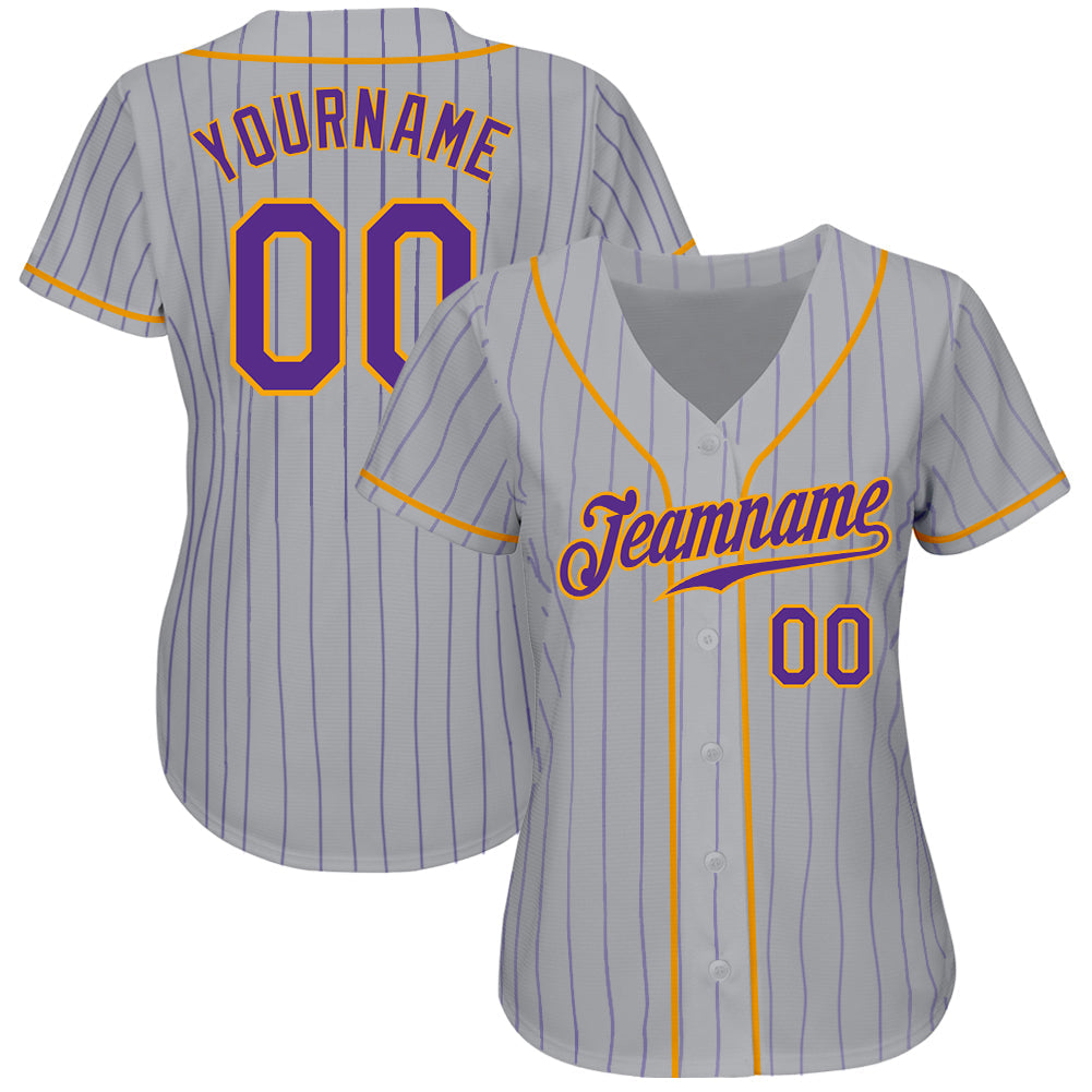 Custom Gray Purple Pinstripe Purple-Gold Authentic Baseball Jersey view 2