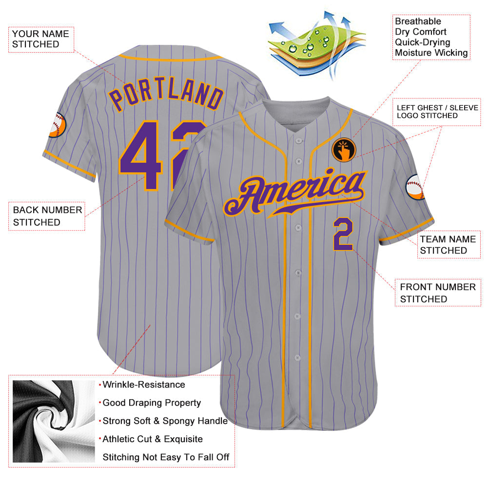 Custom Gray Purple Pinstripe Purple-Gold Authentic Baseball Jersey view 3