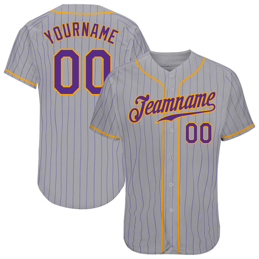 Custom Gray Purple Pinstripe Purple-Gold Authentic Baseball Jersey - Main View