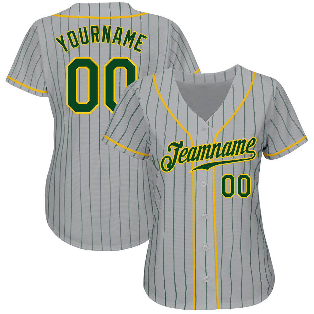 Custom Gray Green Pinstripe Green-Gold Authentic Baseball Jersey view 2