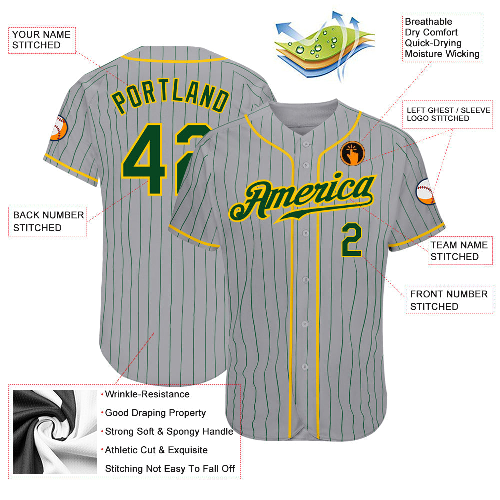 Custom Gray Green Pinstripe Green-Gold Authentic Baseball Jersey view 3