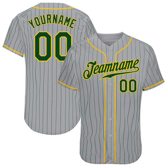 Custom Gray Green Pinstripe Green-Gold Authentic Baseball Jersey - Main View