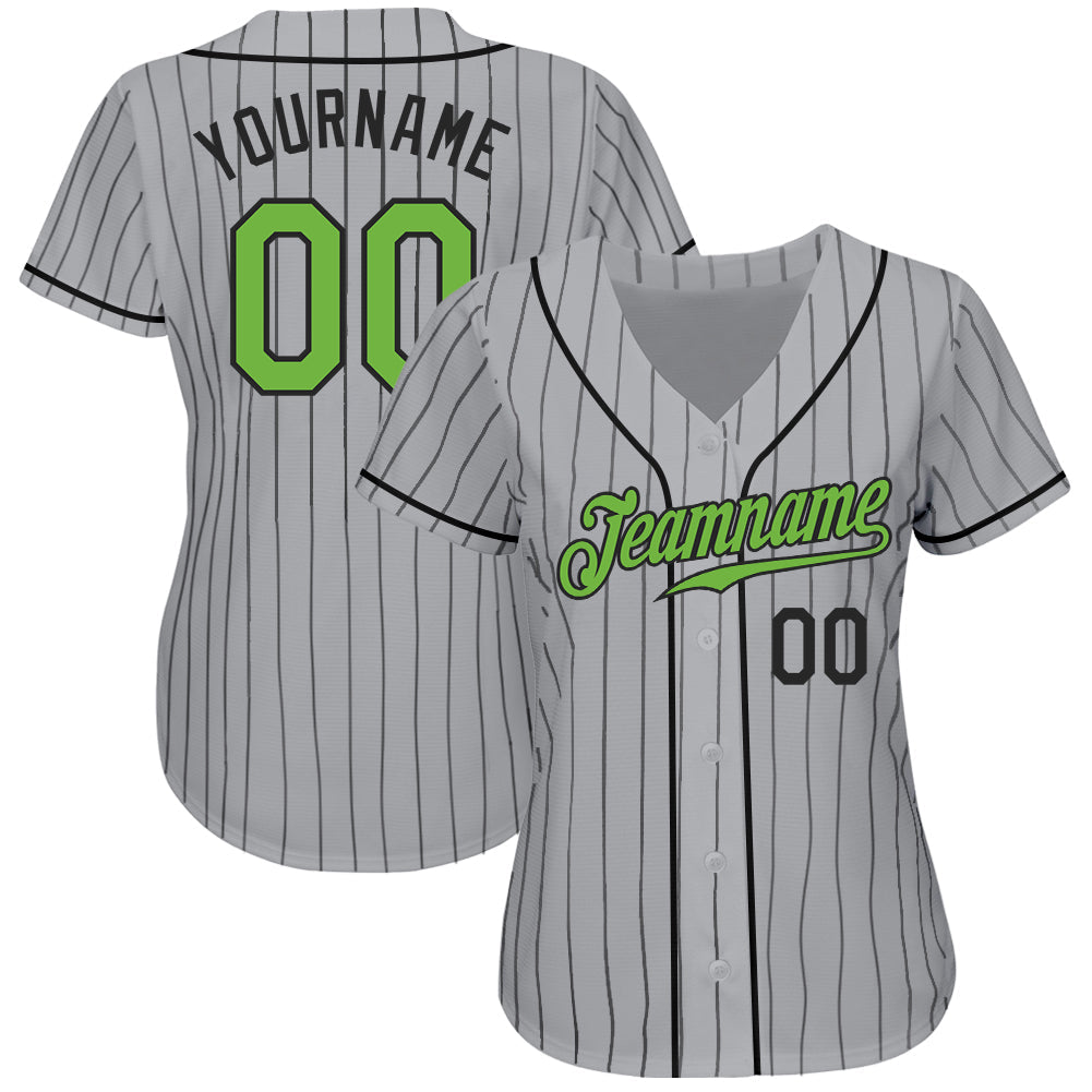 Custom Gray Black Pinstripe Neon Green-Black Authentic Baseball Jersey view 3