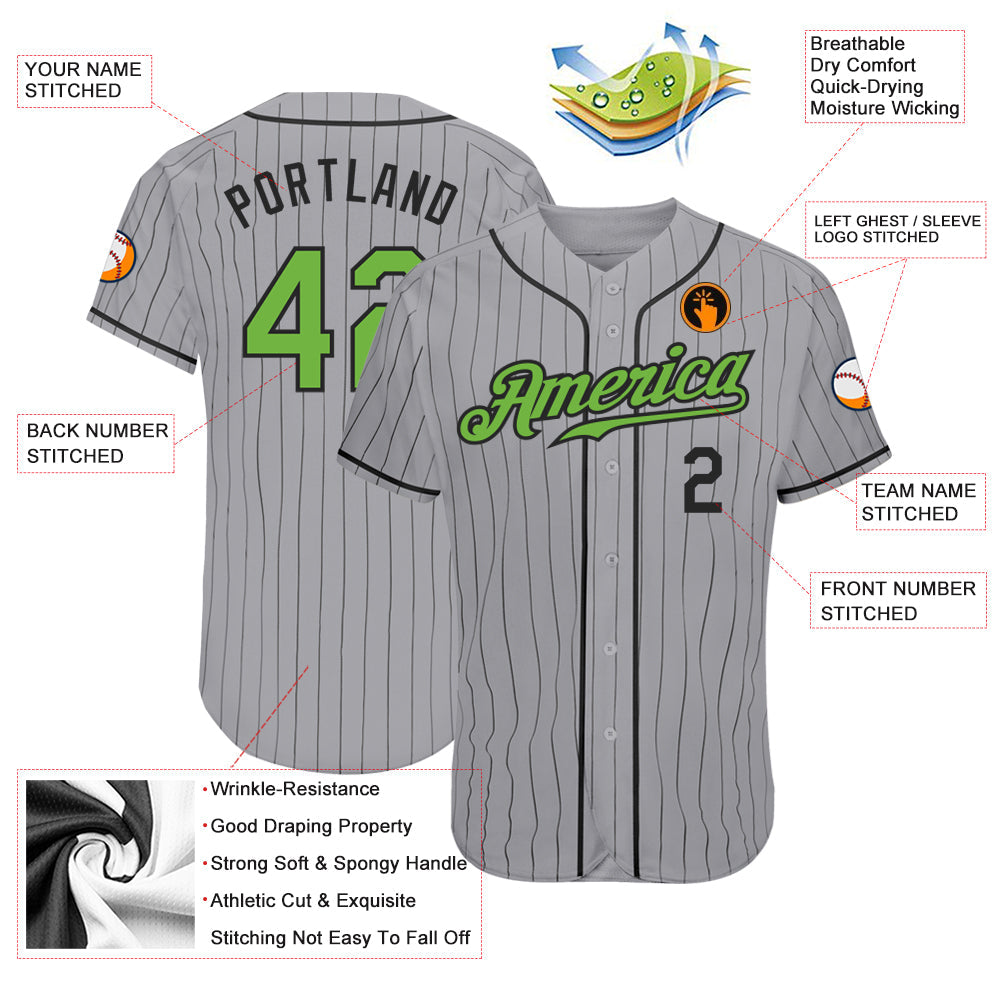 Custom Gray Black Pinstripe Neon Green-Black Authentic Baseball Jersey view 4
