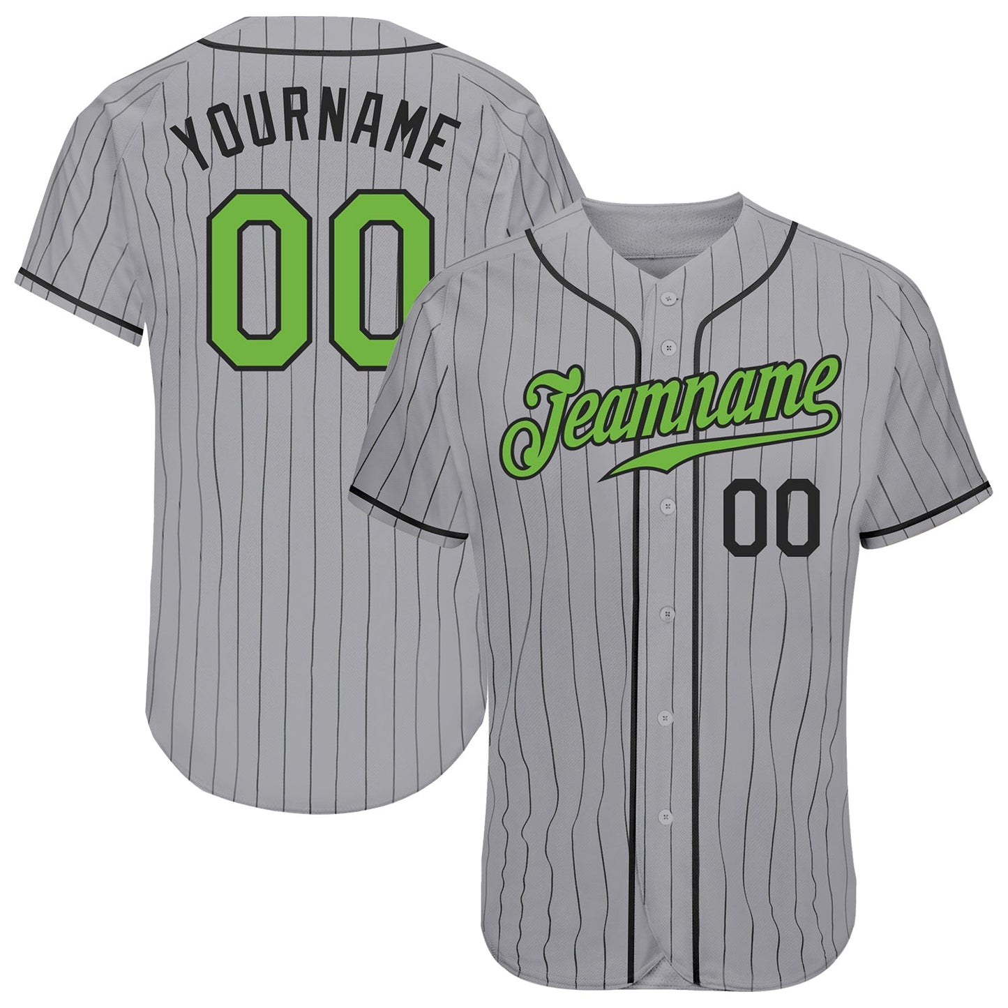 Custom Gray Black Pinstripe Neon Green-Black Authentic Baseball Jersey - Main View