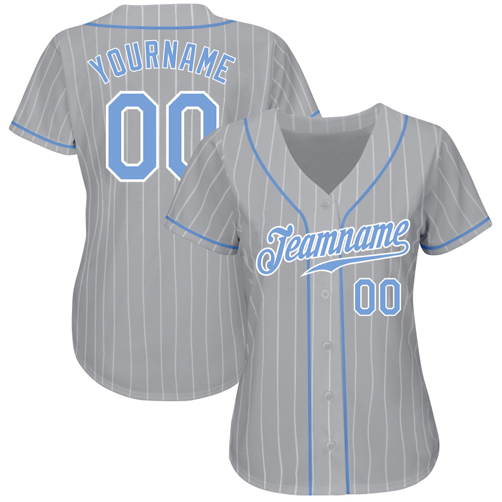 Custom Gray White Pinstripe Light Blue-White Authentic Baseball Jersey view 2