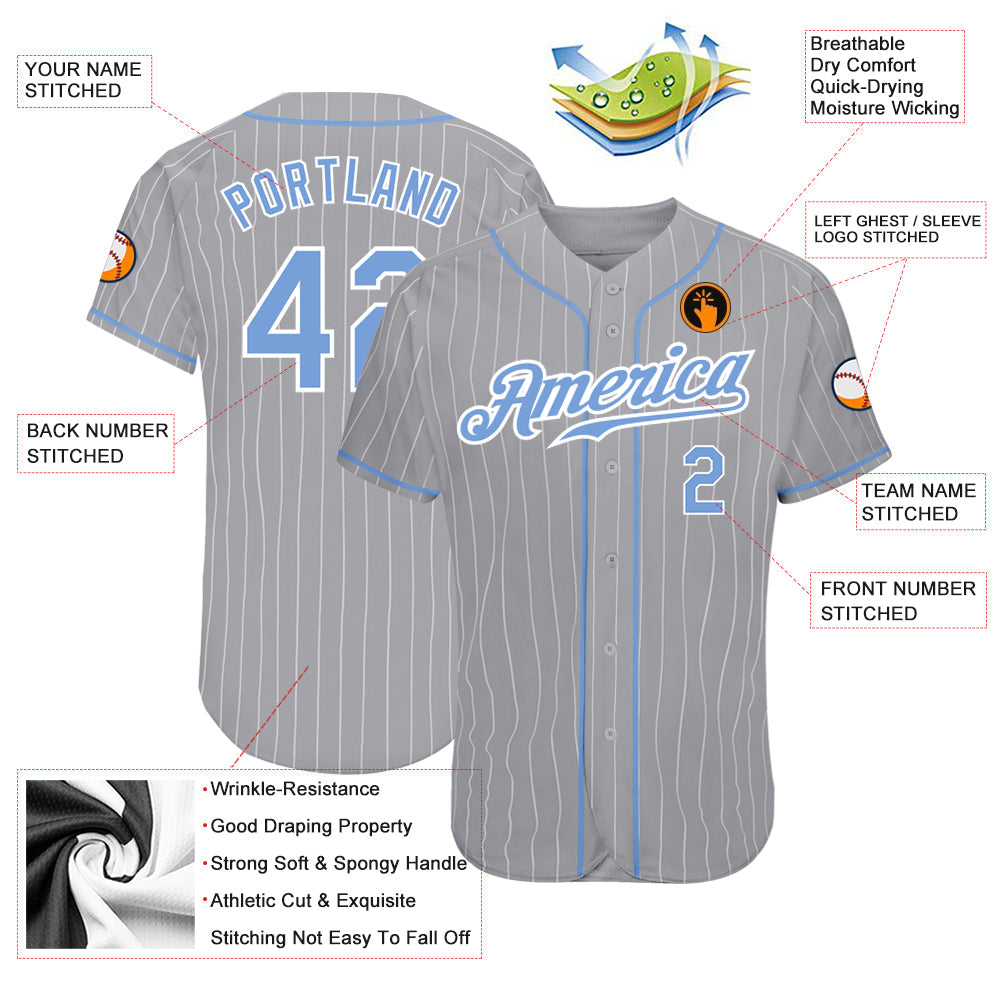 Custom Gray White Pinstripe Light Blue-White Authentic Baseball Jersey view 3