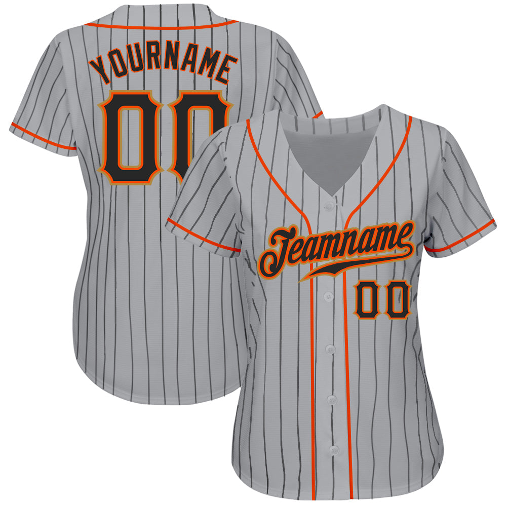 Custom Gray Black Pinstripe Black-Orange Authentic Baseball Jersey view 2