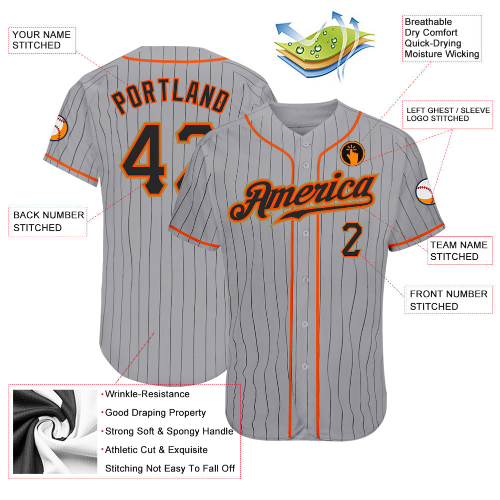 Custom Gray Black Pinstripe Black-Orange Authentic Baseball Jersey view 3