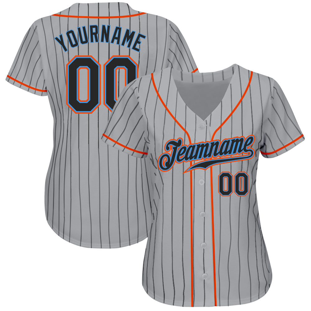 Custom Gray Black Pinstripe Black-Powder Blue Authentic Baseball Jersey view 2