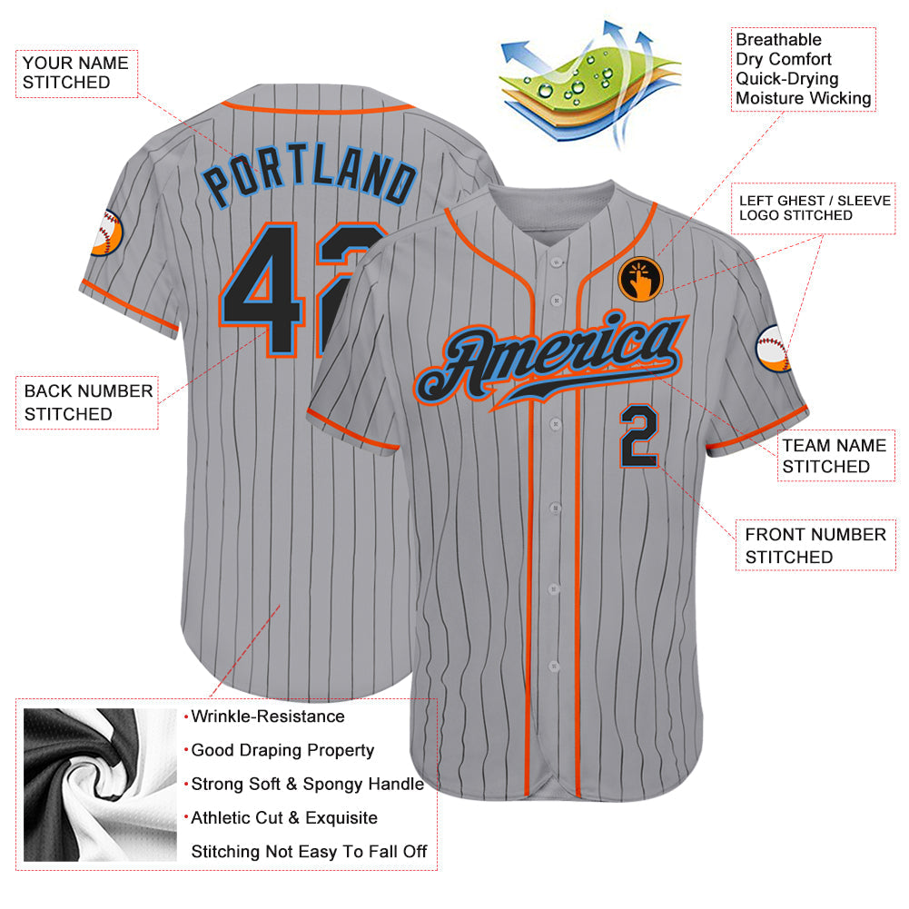 Custom Gray Black Pinstripe Black-Powder Blue Authentic Baseball Jersey view 3