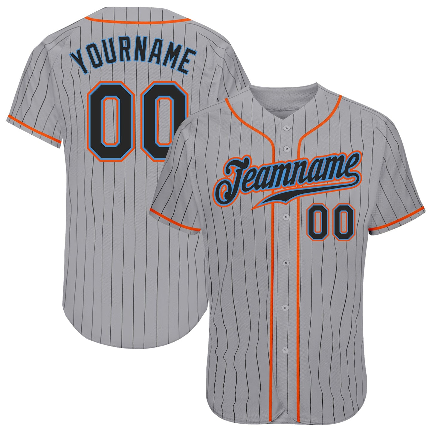 Custom Gray Black Pinstripe Black-Powder Blue Authentic Baseball Jersey - Main View