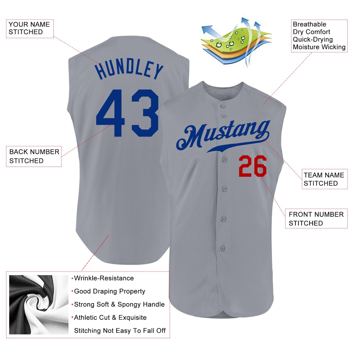 Custom Gray Royal-Red Authentic Sleeveless Baseball Jersey view 2