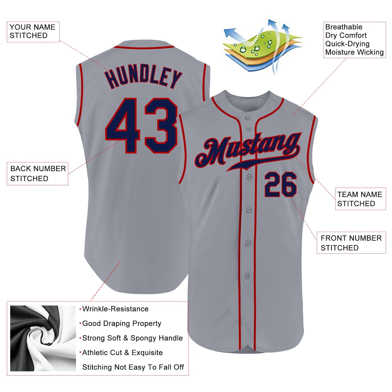 Custom Gray Navy-Red Authentic Sleeveless Baseball Jersey view 2