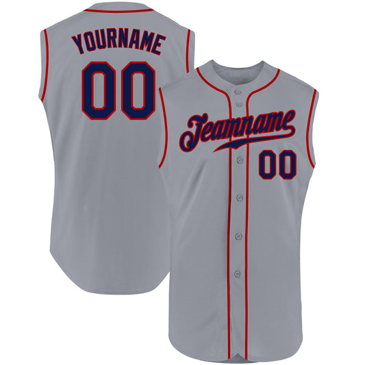 Custom Gray Navy-Red Authentic Sleeveless Baseball Jersey - Main View