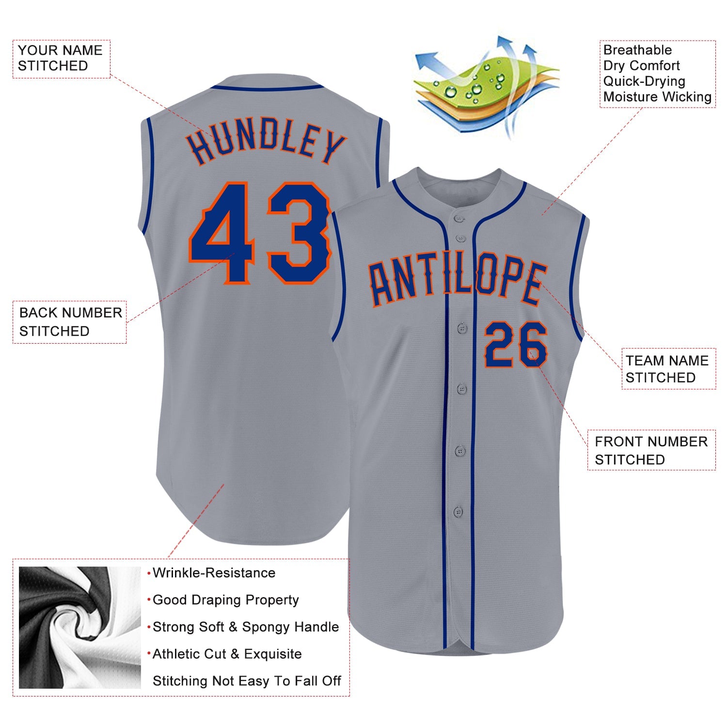 Custom Gray Royal-Orange Authentic Sleeveless Baseball Jersey view 2