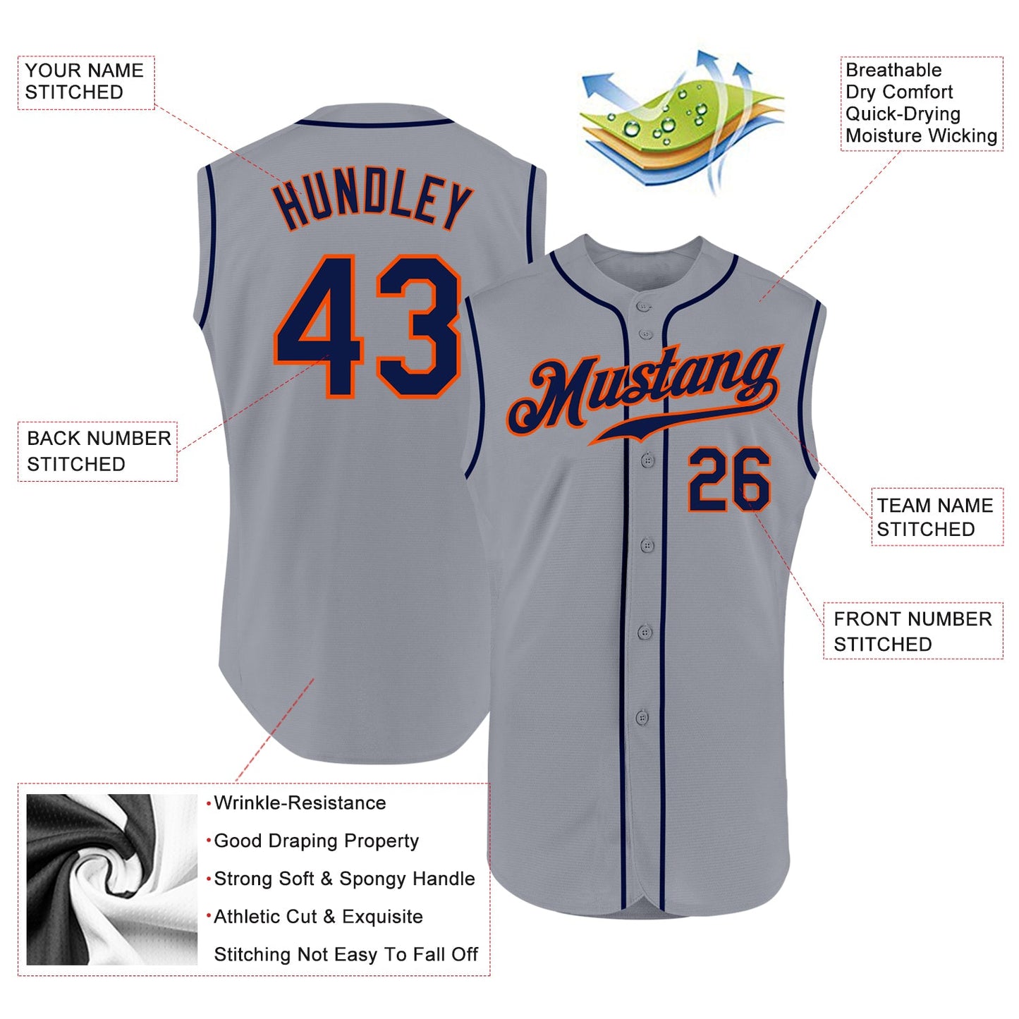 Custom Gray Navy-Orange Authentic Sleeveless Baseball Jersey view 2