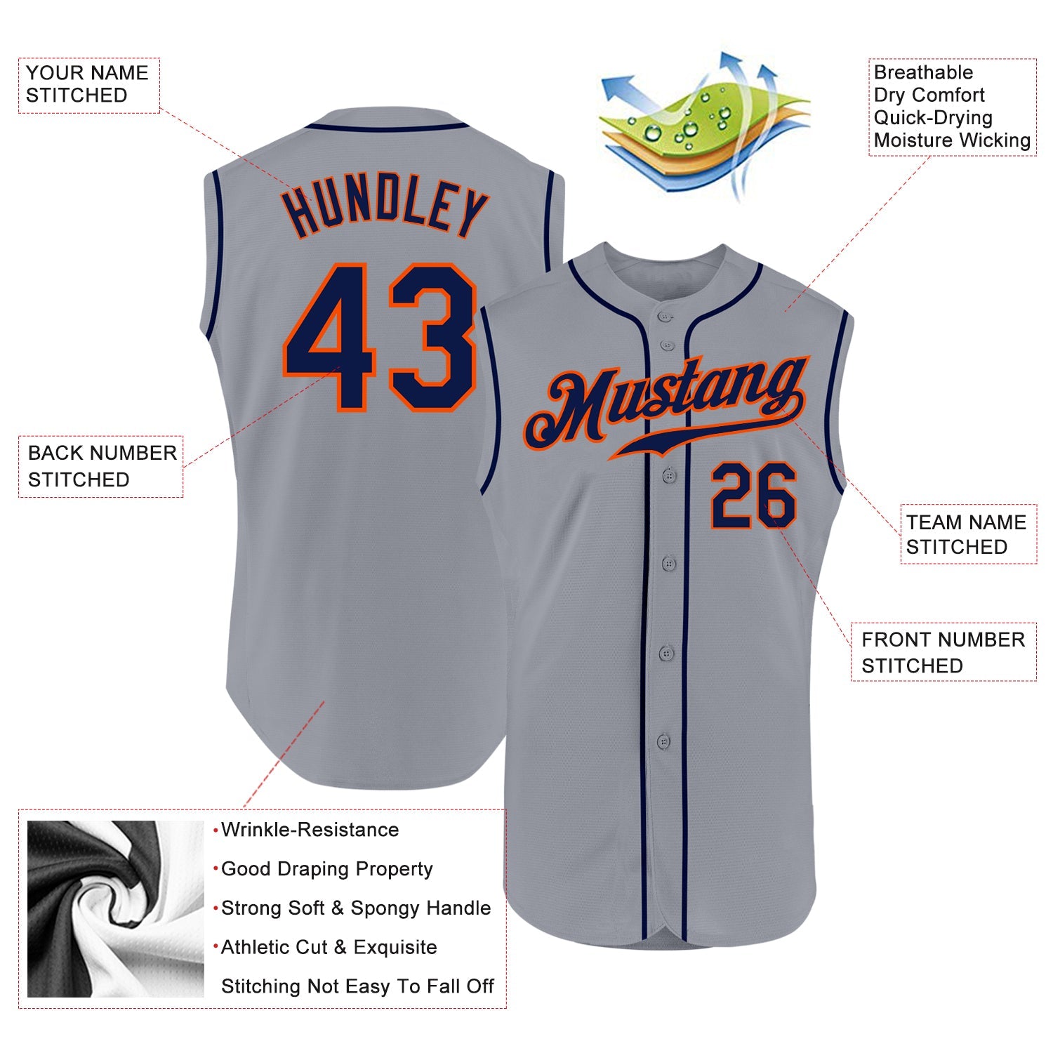 Custom Gray Navy-Orange Authentic Sleeveless Baseball Jersey view 2
