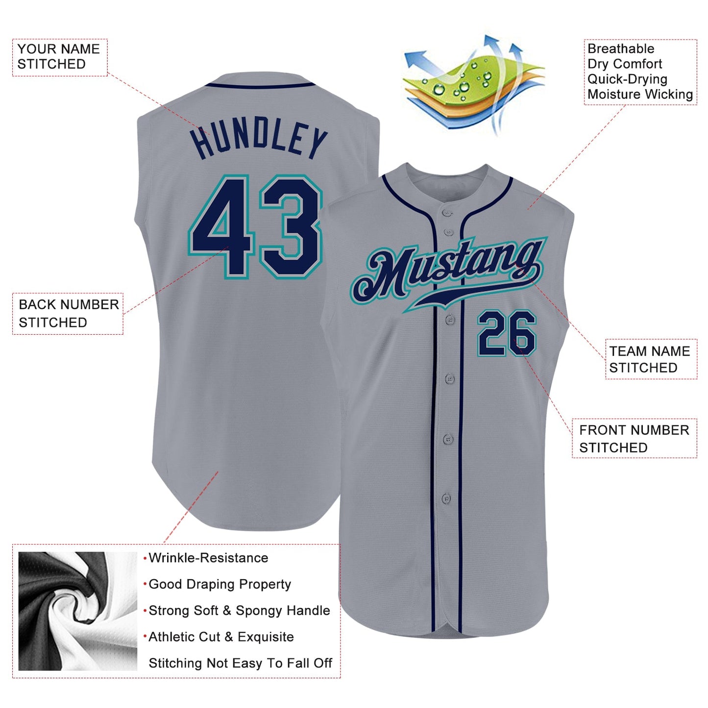 Custom Gray Navy-Teal Authentic Sleeveless Baseball Jersey view 2