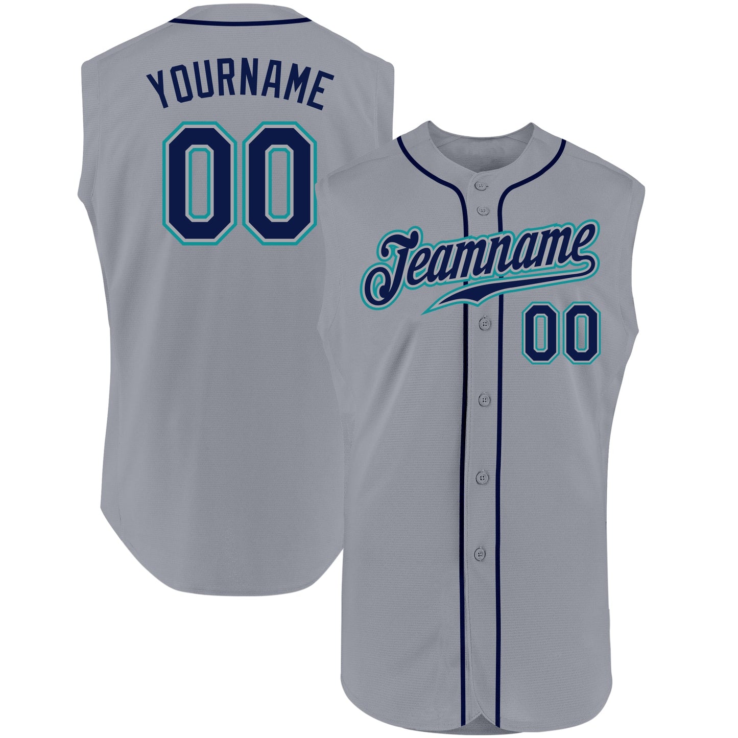 Custom Gray Navy-Teal Authentic Sleeveless Baseball Jersey - Main View
