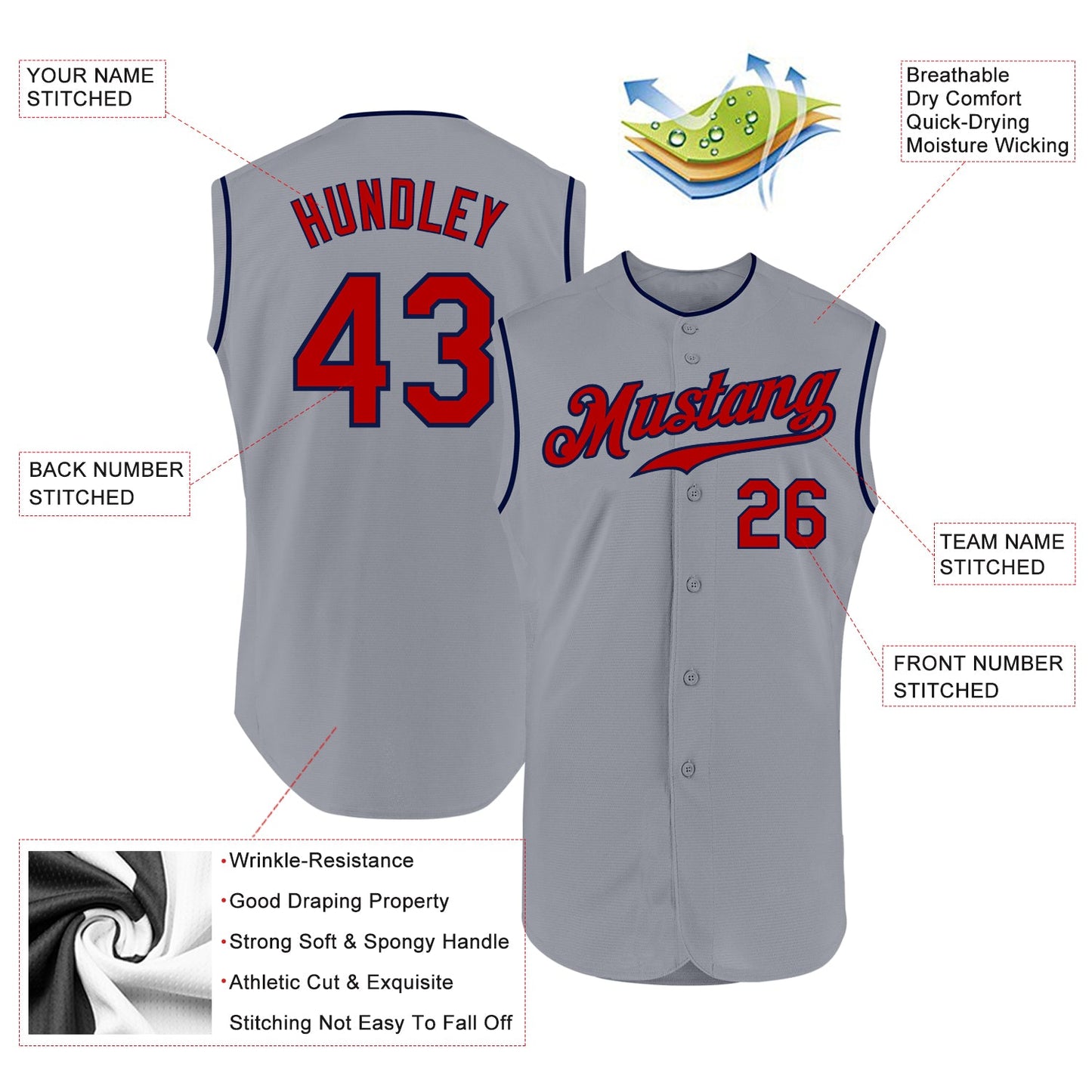 Custom Gray Red-Navy Authentic Sleeveless Baseball Jersey view 2