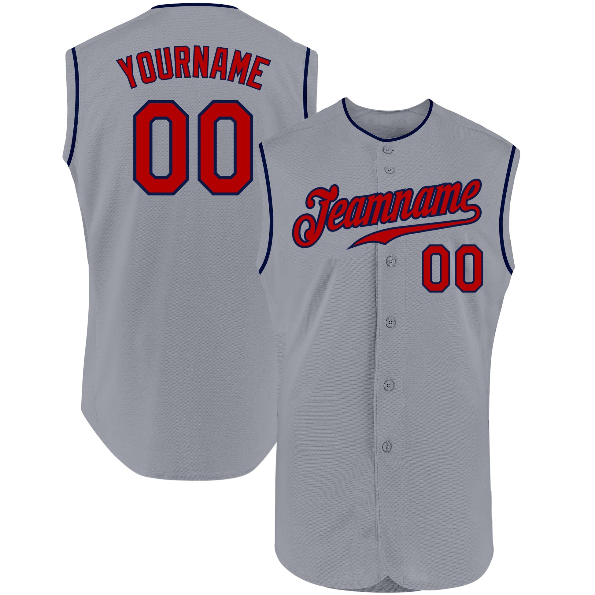 Custom Gray Red-Navy Authentic Sleeveless Baseball Jersey - Main View