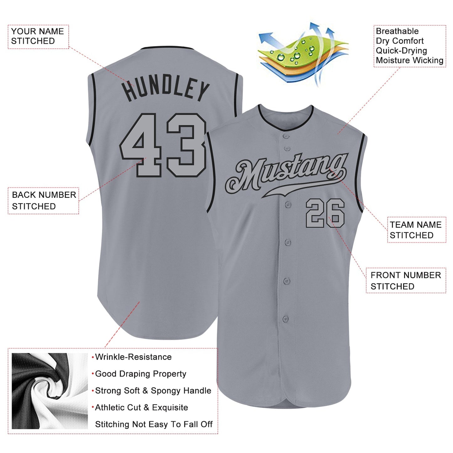 Custom Gray Gray-Black Authentic Sleeveless Baseball Jersey view 2
