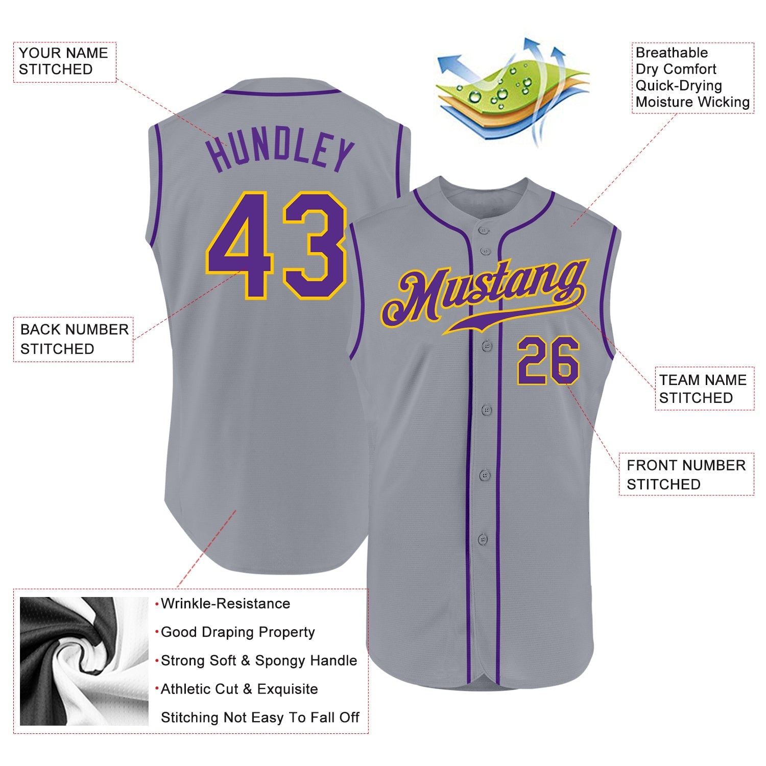 Custom Gray Purple-Gold Authentic Sleeveless Baseball Jersey view 2