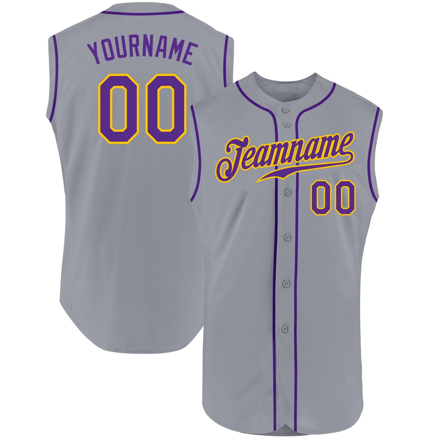 Custom Gray Purple-Gold Authentic Sleeveless Baseball Jersey - Main View