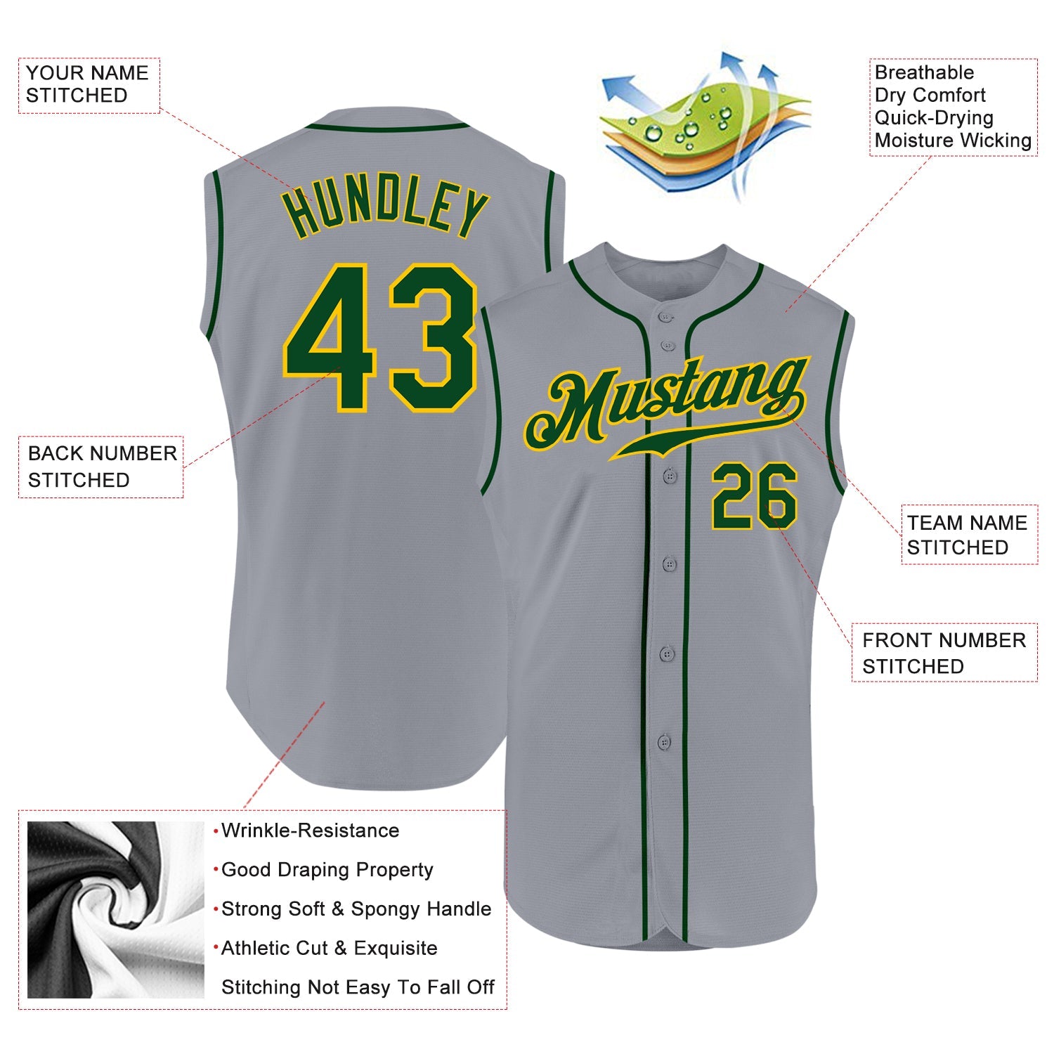 Custom Gray Green-Gold Authentic Sleeveless Baseball Jersey view 2