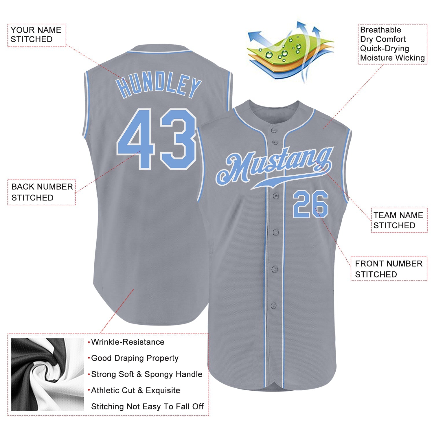 Custom Gray Light Blue-White Authentic Sleeveless Baseball Jersey view 2