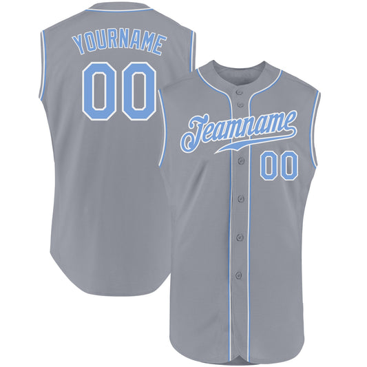 Custom Gray Light Blue-White Authentic Sleeveless Baseball Jersey - Main View